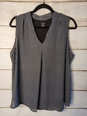 Worthington Black and Gray Vertical Stripe V-Neck Sleeveless Blouse